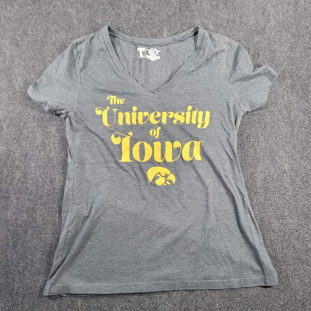 University of Iowa Hawkeyes V-Neck Graphic Tee Gray Yellow Womens Medium